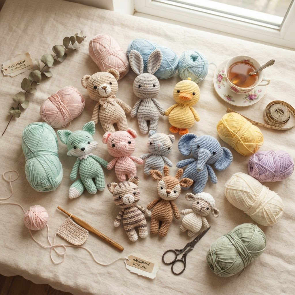 Przytulna kolekcja ręcznie wykonanych szydełkowych zabawek amigurumi z kłębkami włóczki